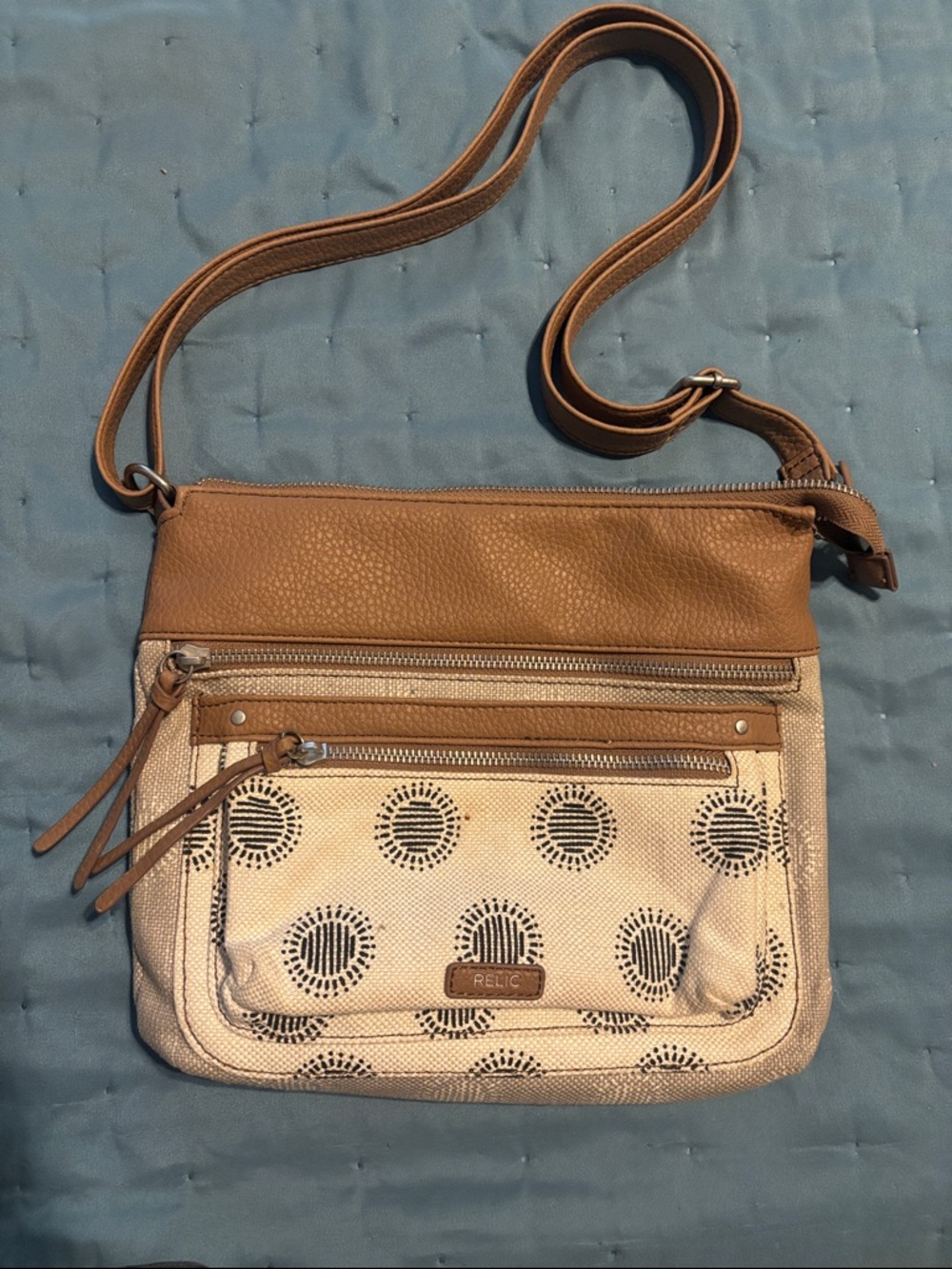 Relic Two-Tone Tan and Cream Crossbody Bag with Printed Front